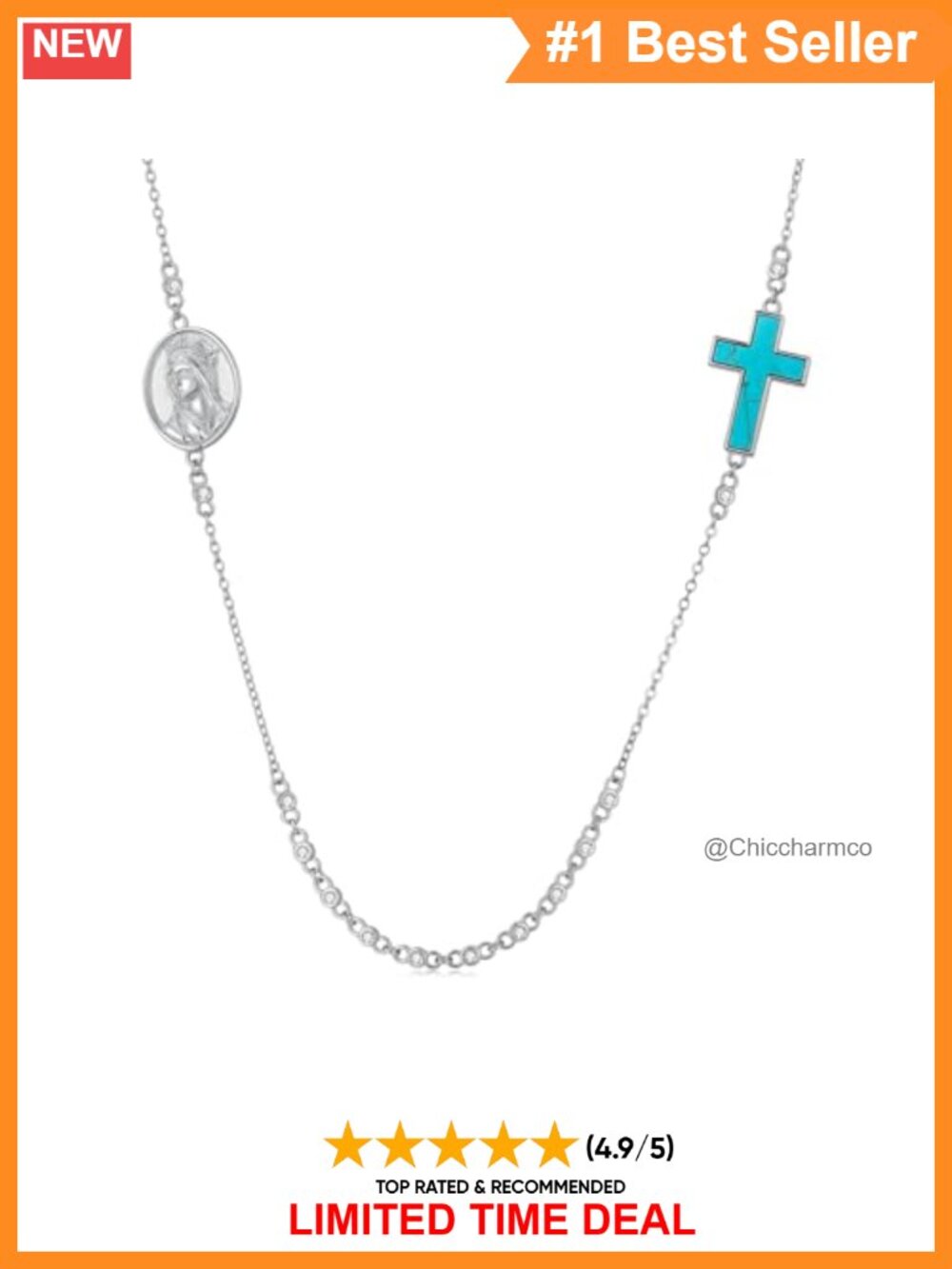 925 Sterling Silver Turquoise Cross Virgin Mary Rosary Necklace